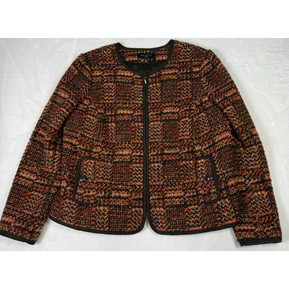 Talbots Jacket Blazer Wool Tweed Size 16P Brown Orange Knit Crochet Knit